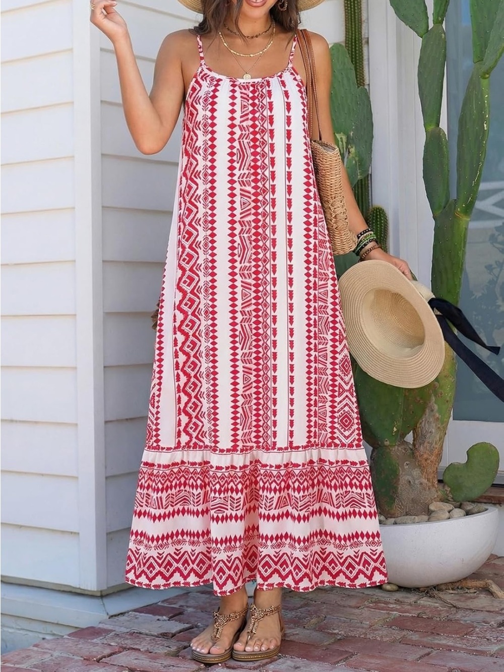Red and White Sleeveless Maxi Dress - Spaghetti Strap Summer Style - Picture 3 of 9